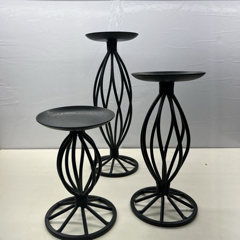 Set of 3 Goth Style-Black Metal Twisted Pillar- Candle Holders- Open Flame